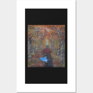 AUTUMN LOVERS WALKING IN THE FALL DESIGN, PRINT IMAGE OF ORIGINAL PAINTING ART Posters and Art